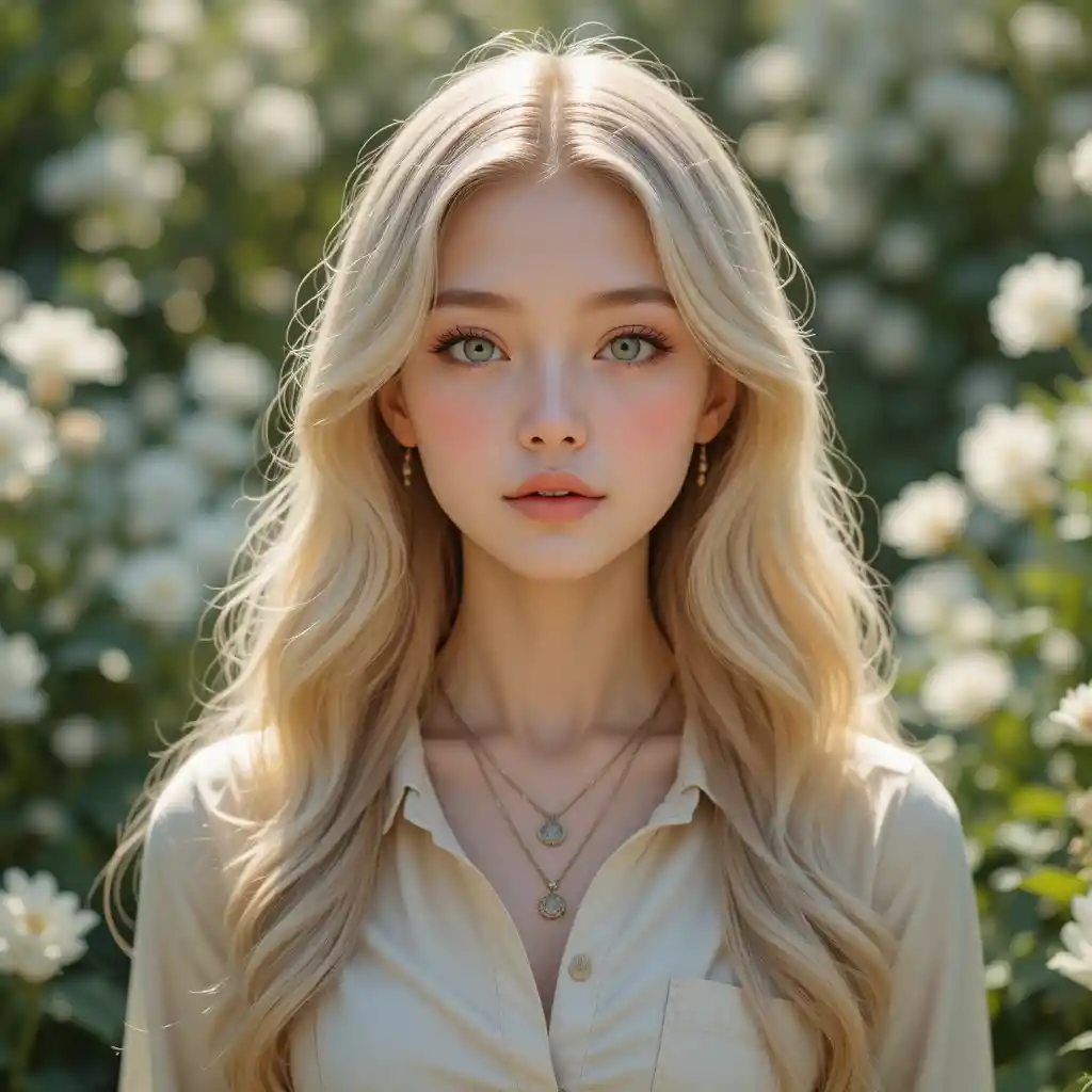 Blonde anime girl in sunlight amid soft white garden flowers