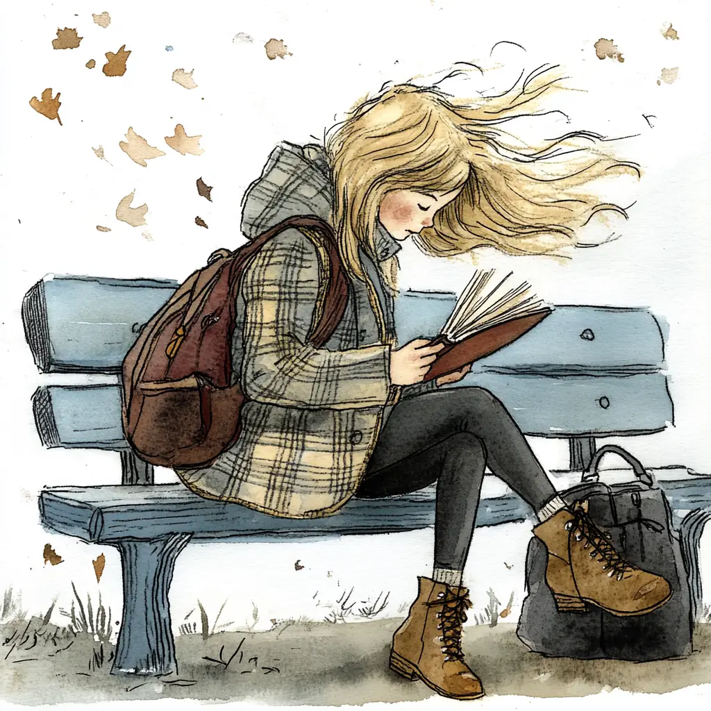 Girl Reading On A Bench In A Windy Park