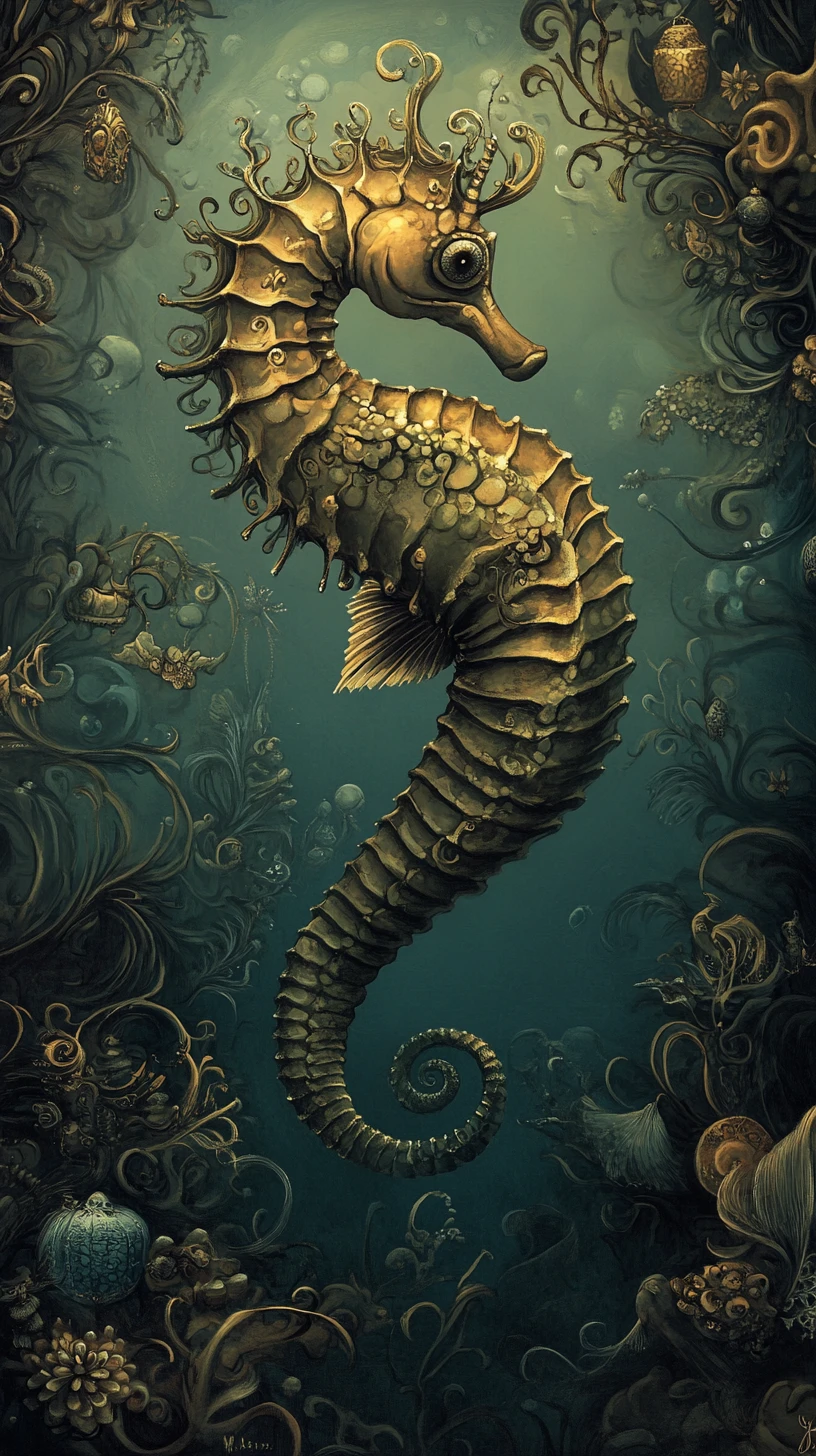 Mystical seahorse emerging from misty dreamlike ocean