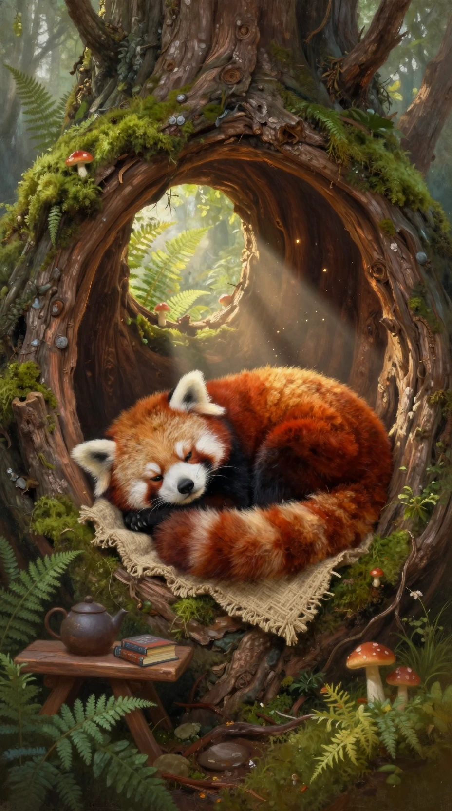 苔むした中空の木の聖域で眠るレッサーパンダ
