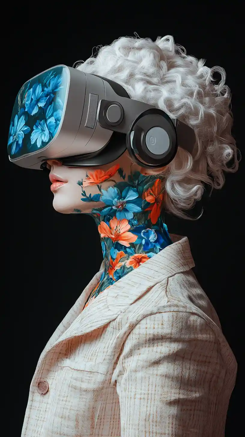 Porträt einer jungen Frau mit floraler Virtual-Reality-Brille