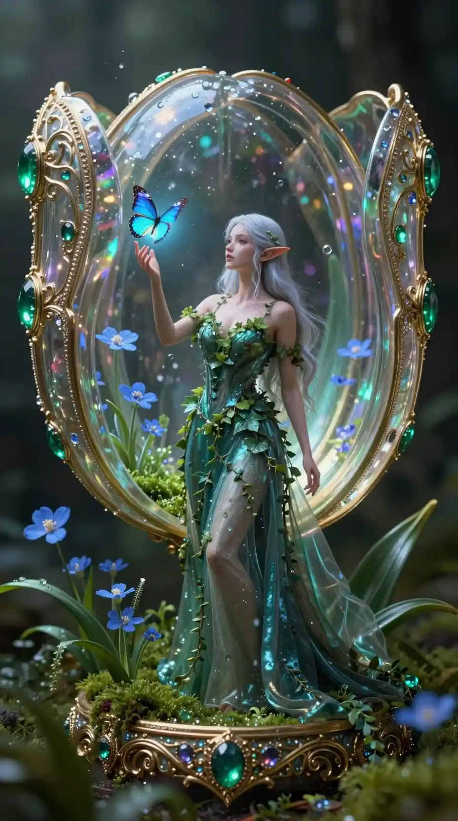 Elf goddess in glowing glass tulip with morpho butterfly