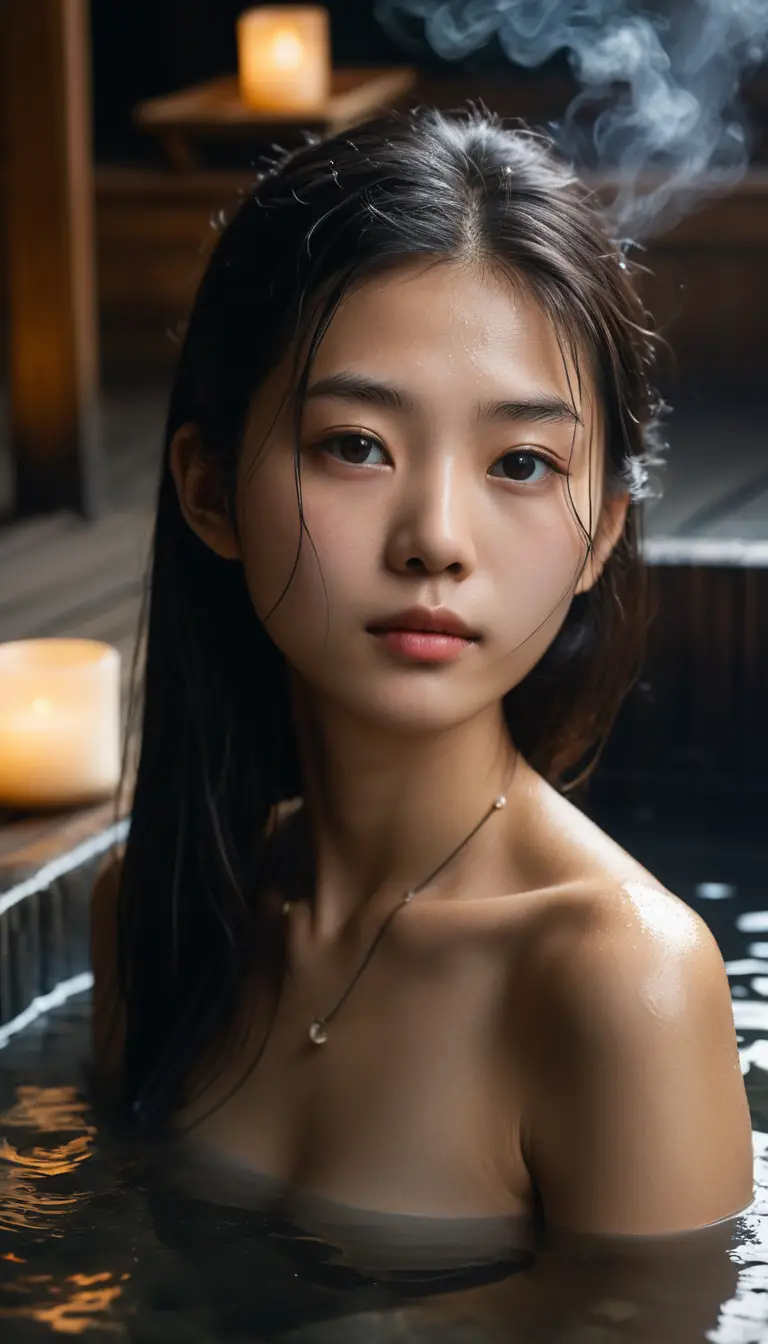 High angle portrait of girl in moonlit outdoor onsen