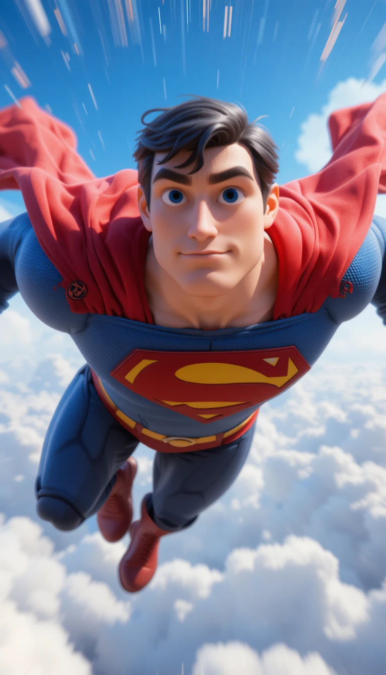 Super-herói em desenho animado voando pelo céu nublado
