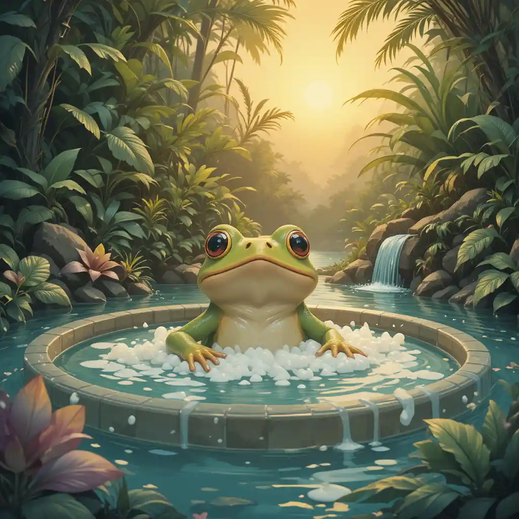 Relaxed frog bathing in a jungle pool at sunset