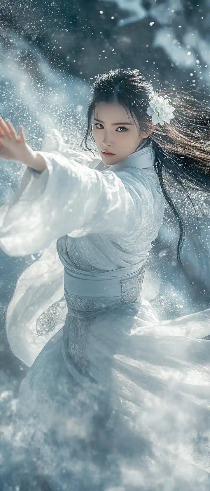 Tai chi warrior woman on a snowy mountain peak