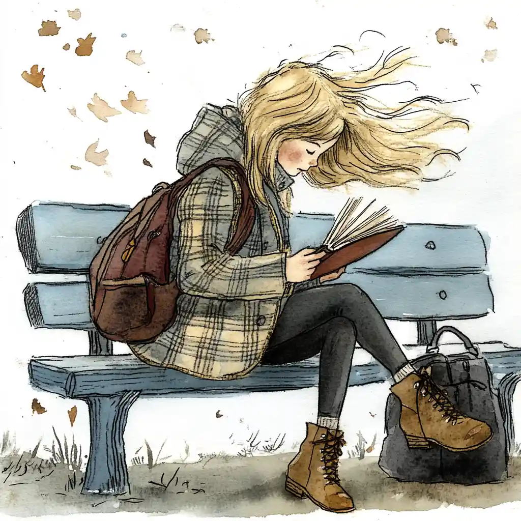 Girl Reading On A Bench In A Windy Park