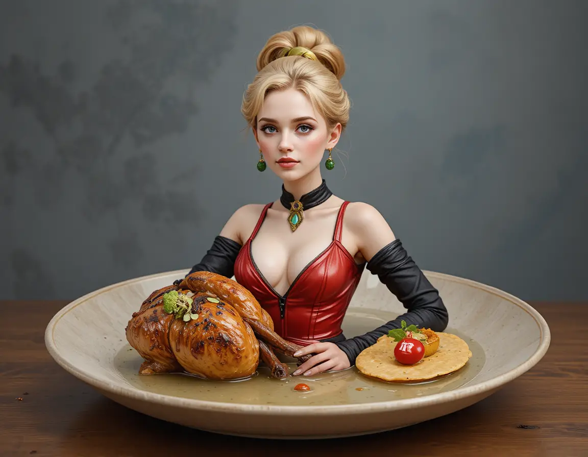 Blonde woman in black cat costume posing against plain background