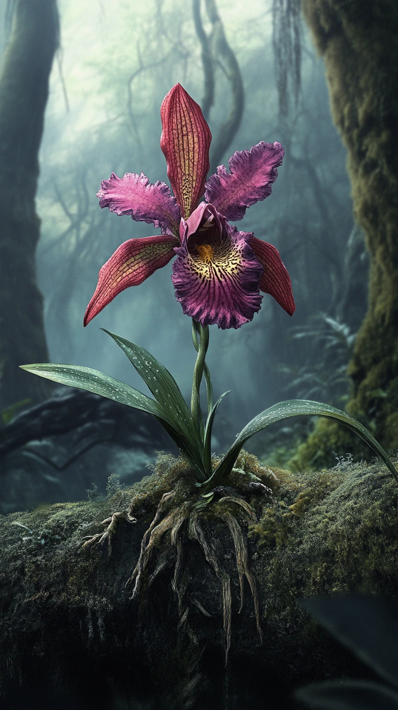 Illusion surréaliste d’une orchidée dans une étrange scène changeante