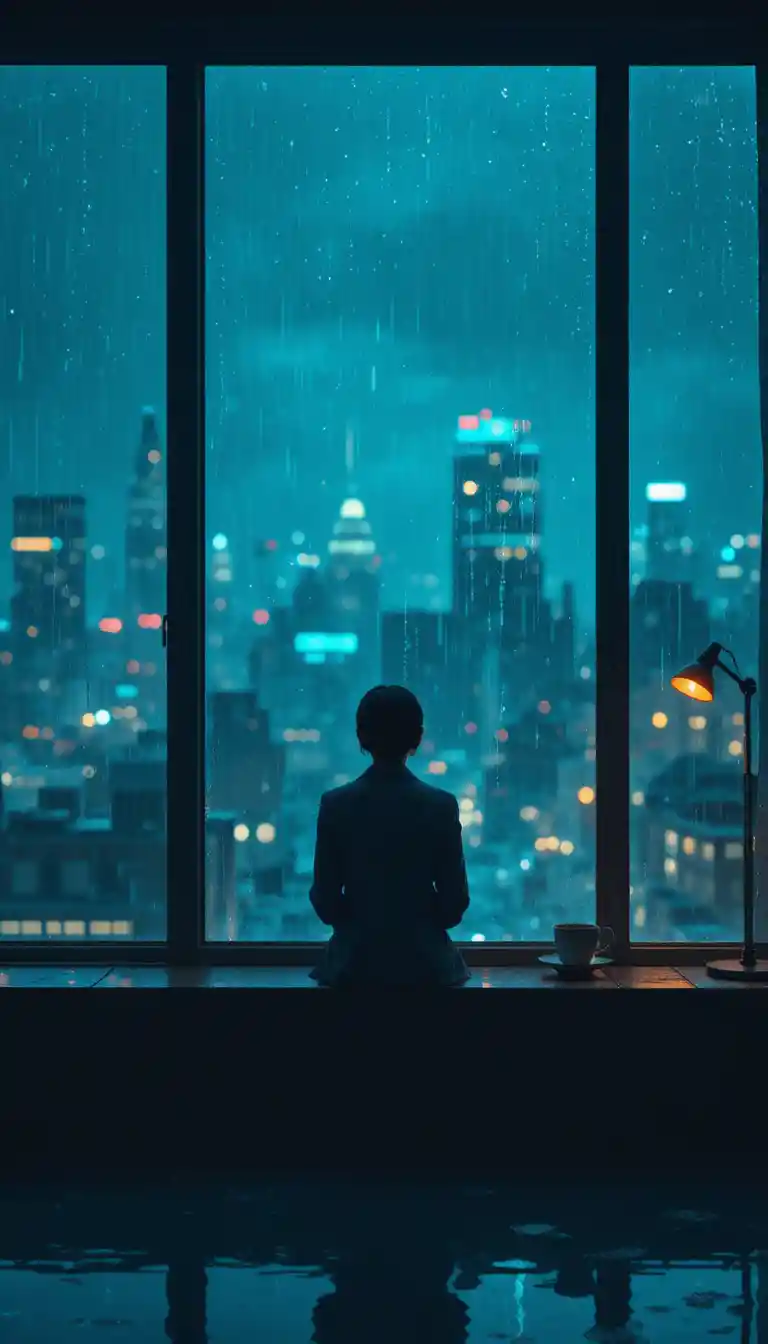 Solitary figure by rainy window overlooking distant city lights
