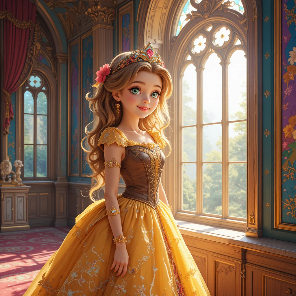 Young princess plotting by a sunlit palace window