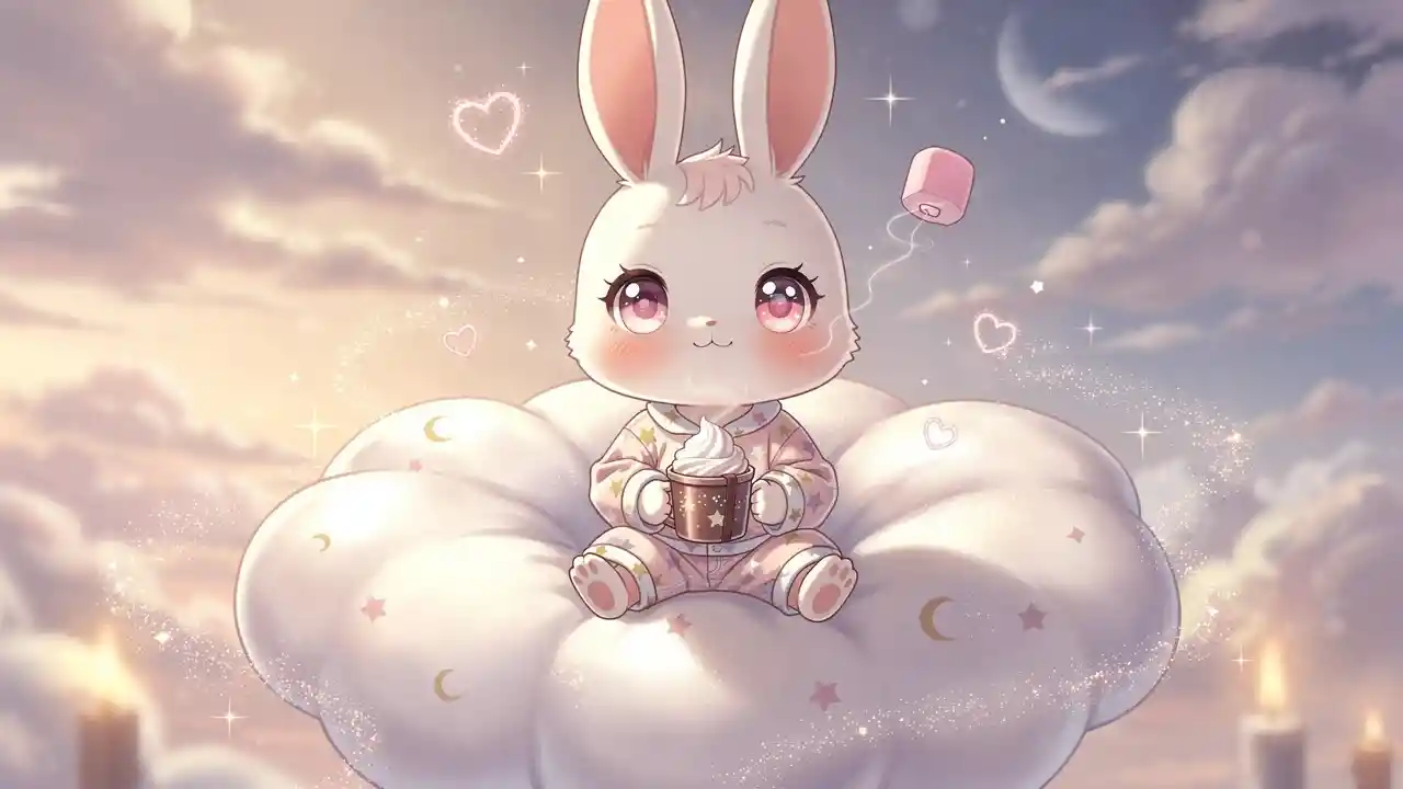 Kawaii chibi rabbit in pastel pajamas on glowing cloud