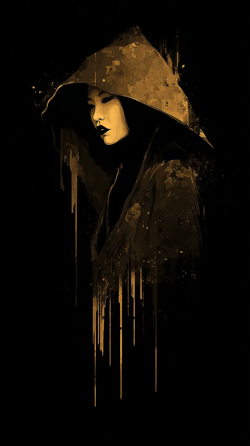 Haunting cloaked geisha figure in misty urban rain scene