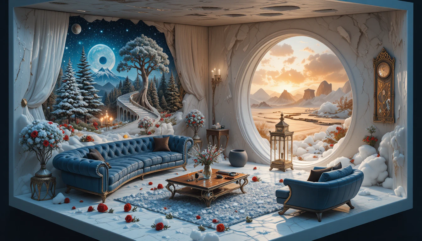 Surreal Crystal Cube Living Room With Winter Forest Portal
