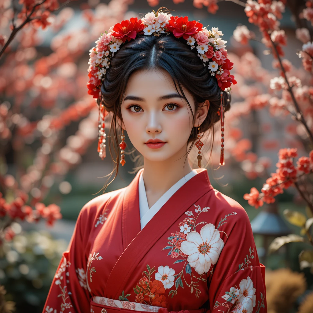 赤い花柄の着物を着た若い日本人女性の庭でのポートレート