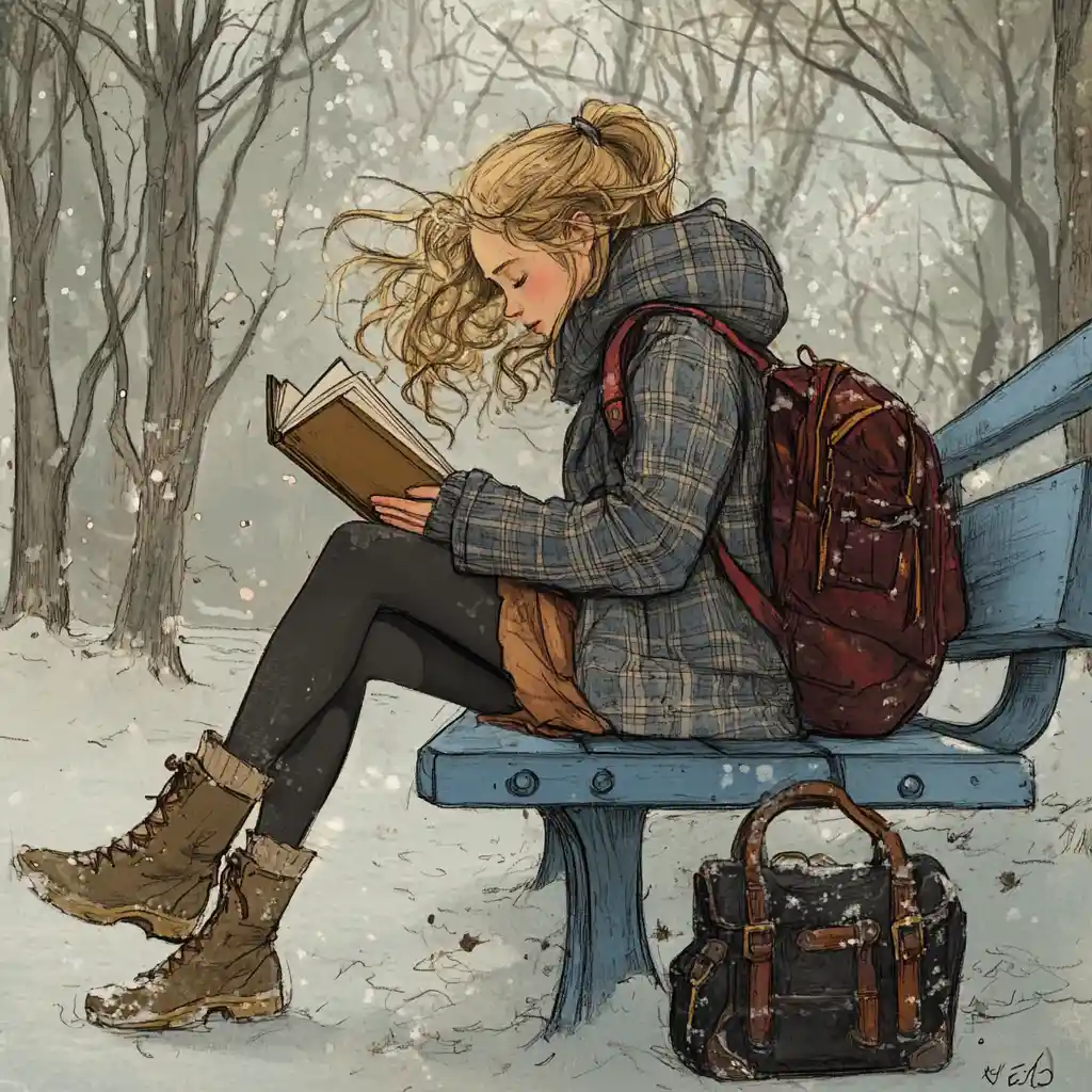 Young girl reading on a blue bench in the park