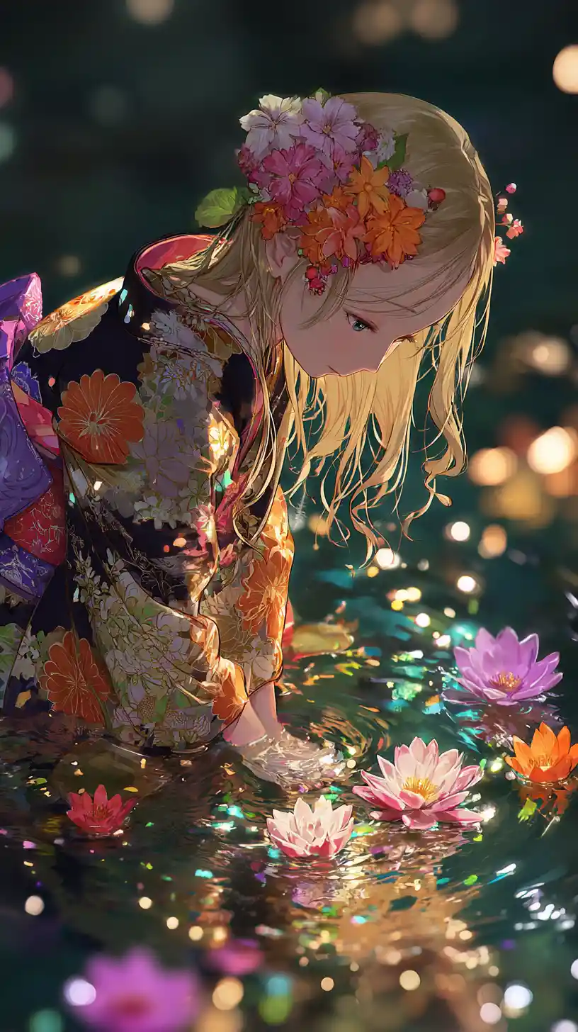 Melancholisches Anime-Mädchen im Blumenkimono an einem dunklen Teich