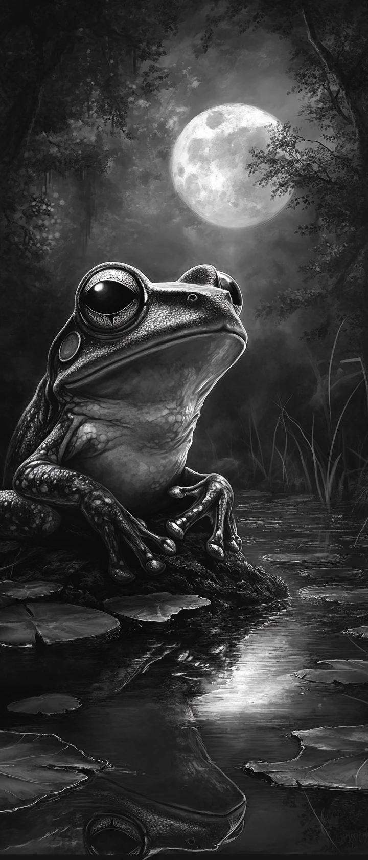 Frog With Glowing Eyes Beside An Enchanted Moonlit Pond