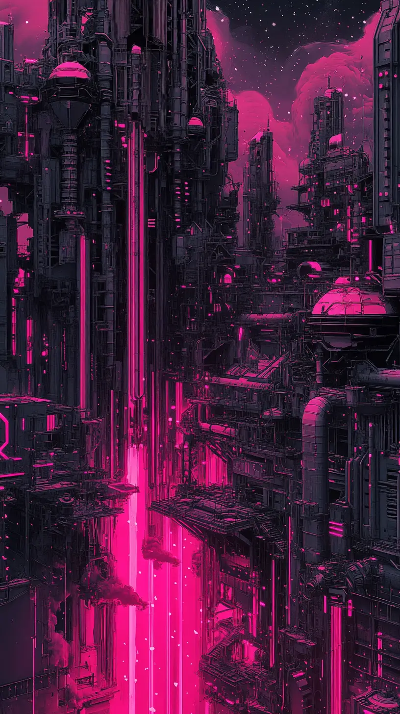 Vasta ciudad industrial con líquido rosa neón y vacío