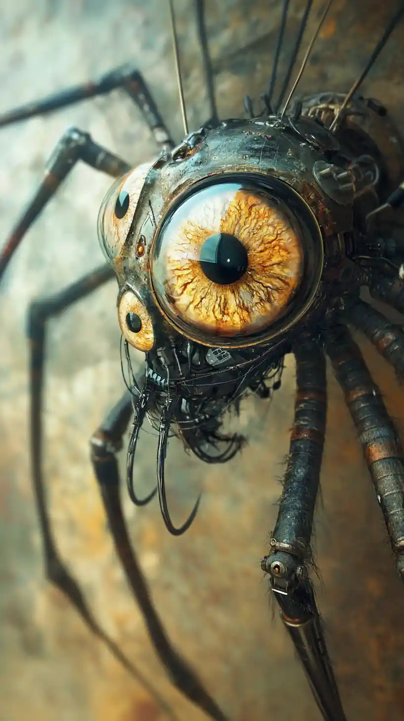 Araignée cybernétique dystopique s’élevant au-dessus d’un horizon flou