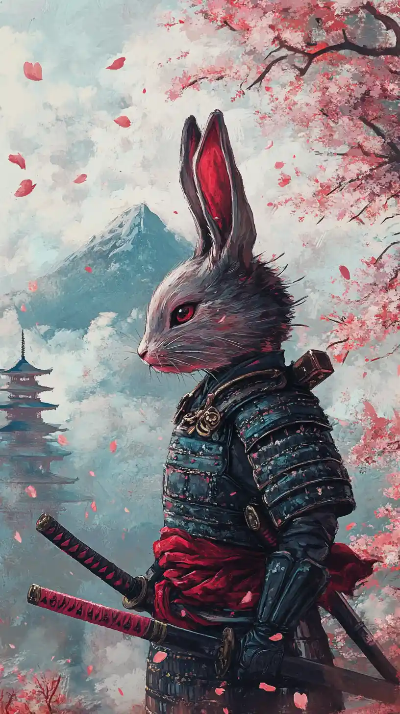 Jeune fille samouraï lapine près d’un katana parmi les fleurs