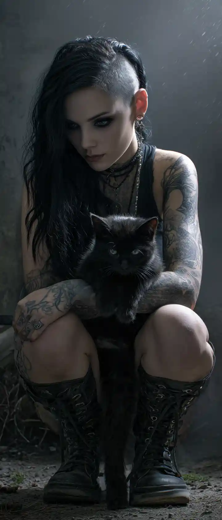Gothic woman kneeling with black kitten in urban backyard
