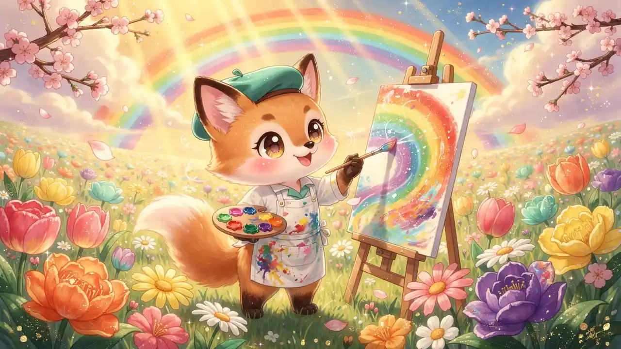 Adorable renard chibi peintre créant un arc-en-ciel éclatant