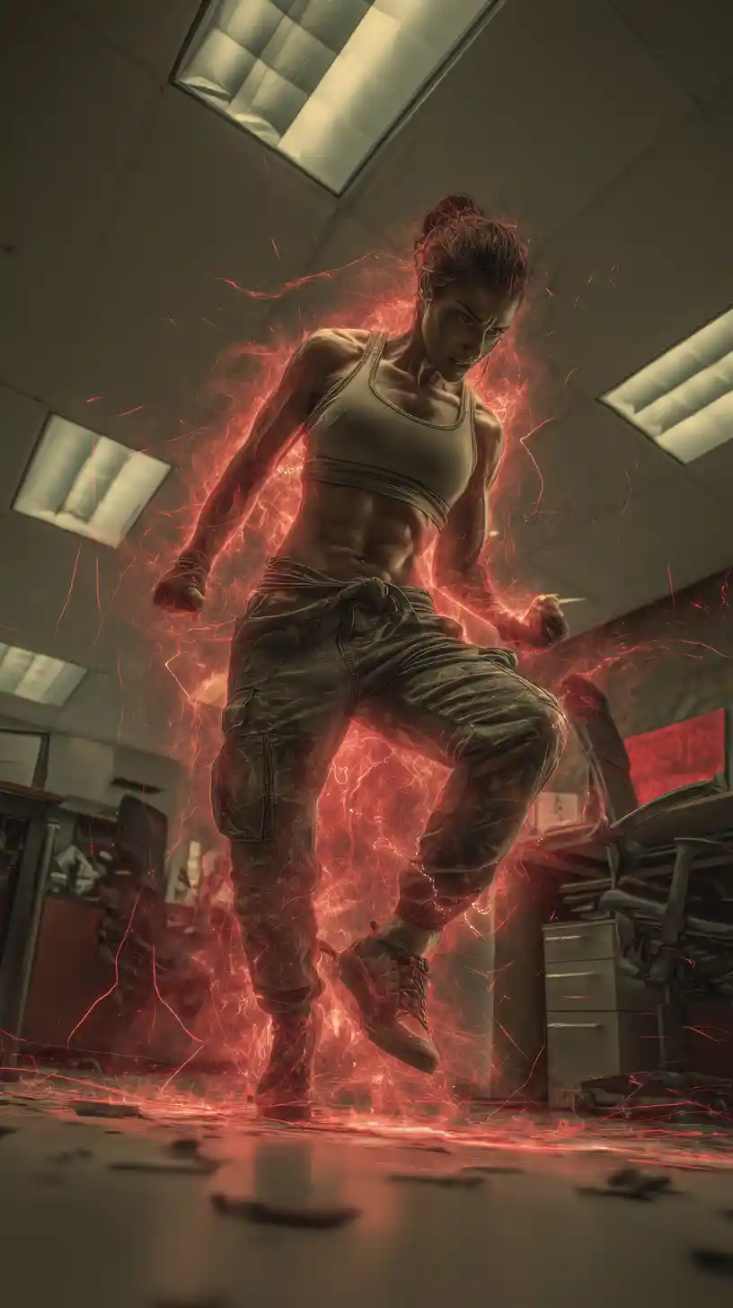 Female warrior unleashing red energy in modern office