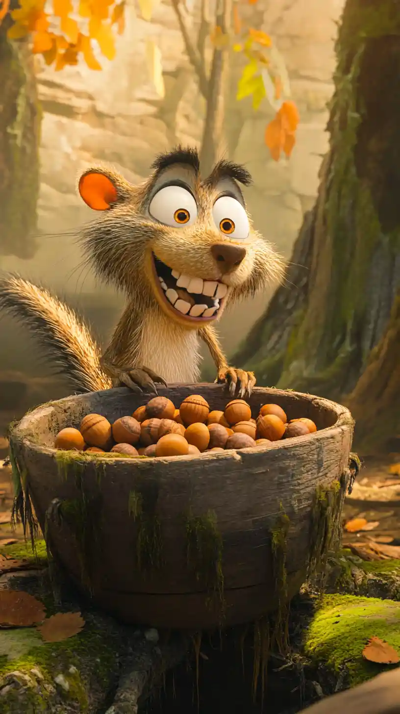 Cartoon squirrel guarding a wooden tub of acorns