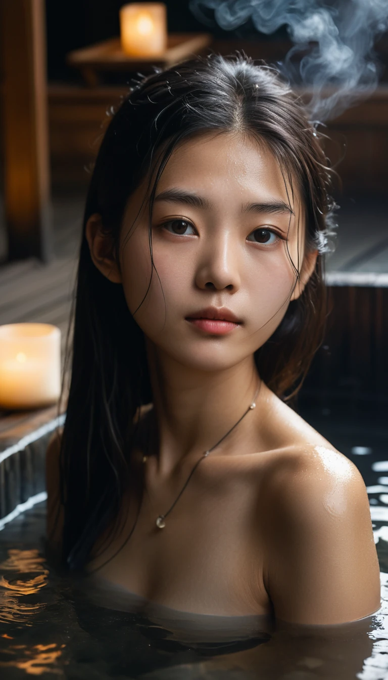 High angle portrait of girl in moonlit outdoor onsen