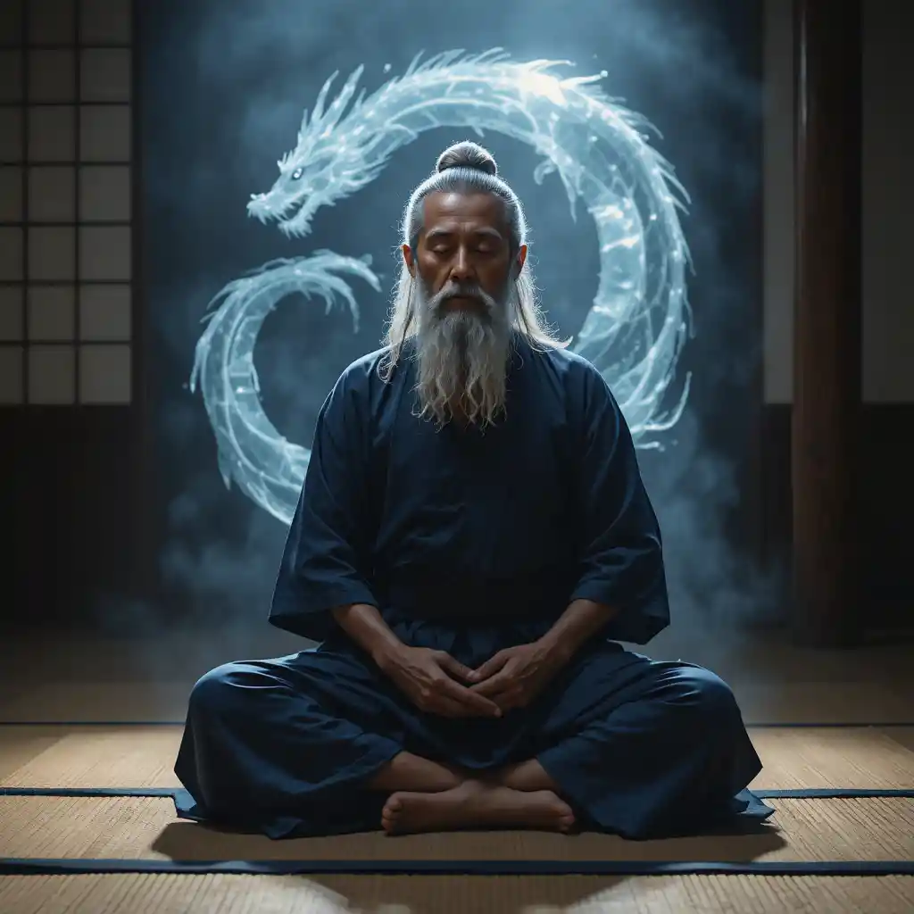 고요한 일본 다다미 방에서 명상하는 노인