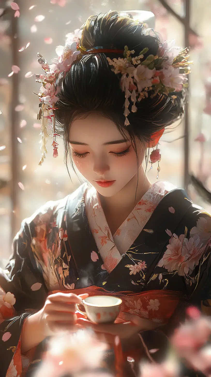 Japanese girl in kimono with falling cherry blossoms