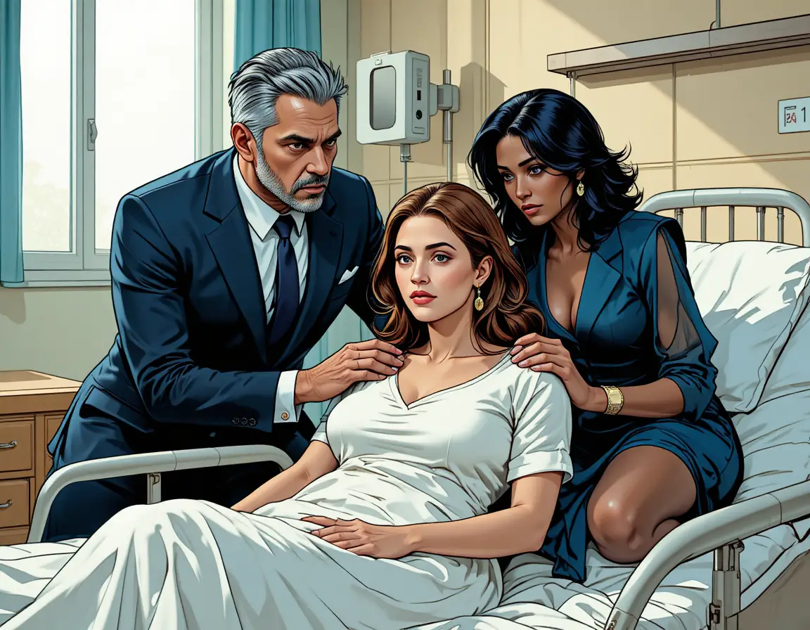 Two detectives comforting a woman in a quiet hospital room