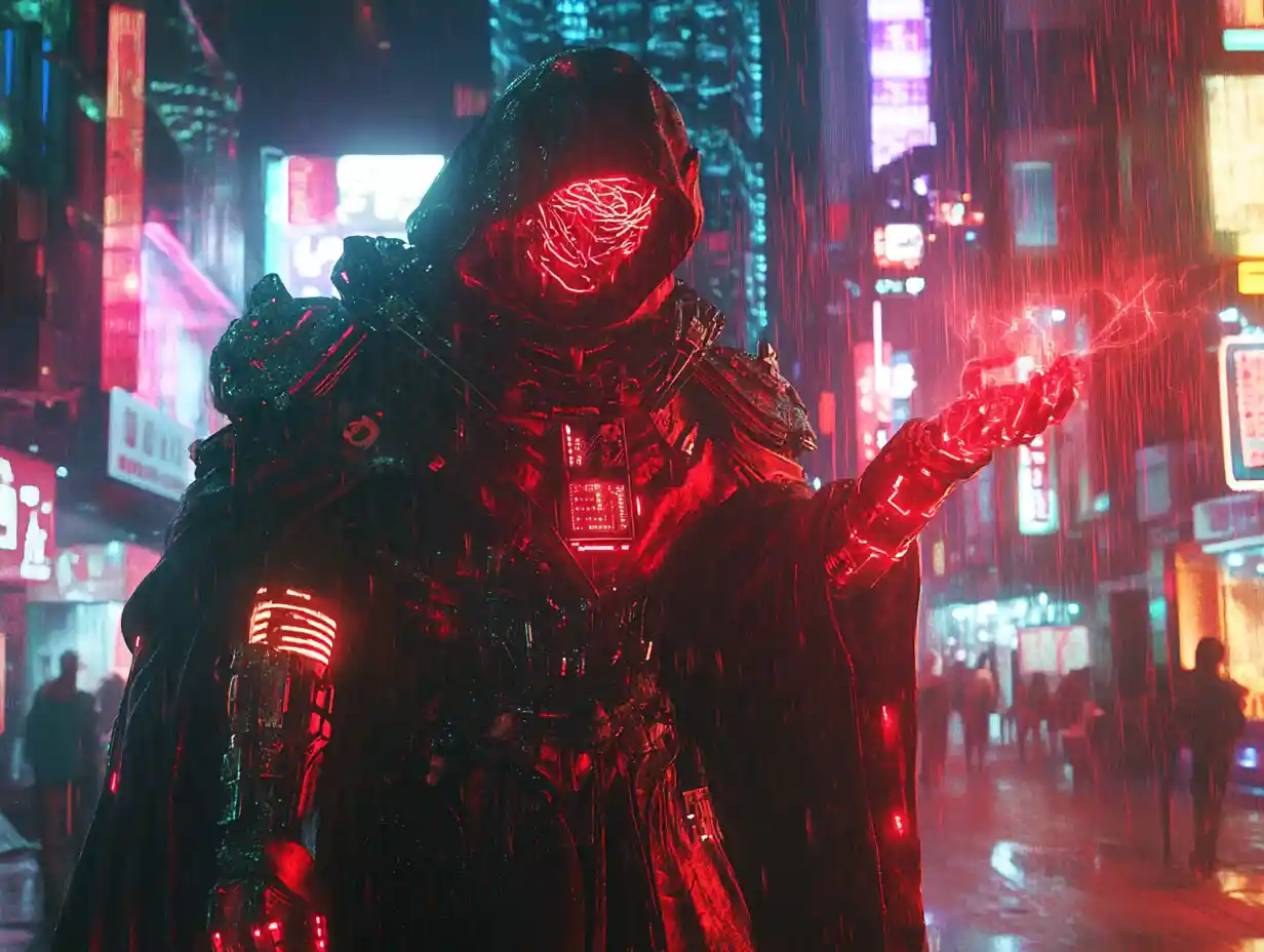 Cyberpunk blood mage in neon drenched futuristic city