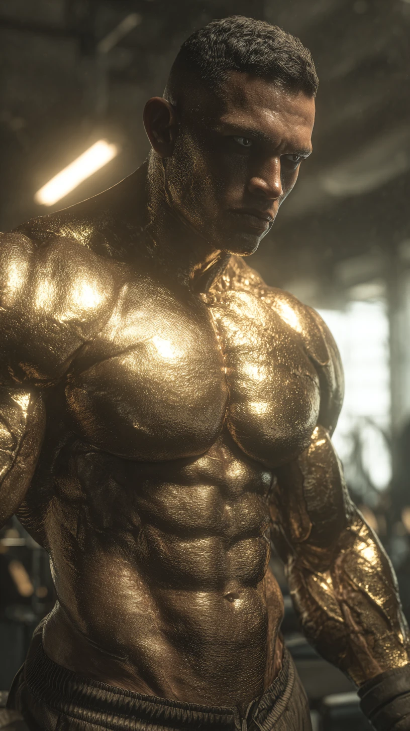 Muscular supervillain bodybuilder portrait in a modern gym