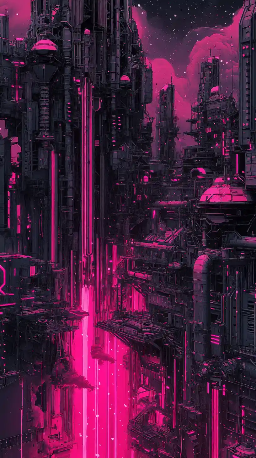 Vast Industrial Cityscape With Neon Pink Liquid And Void