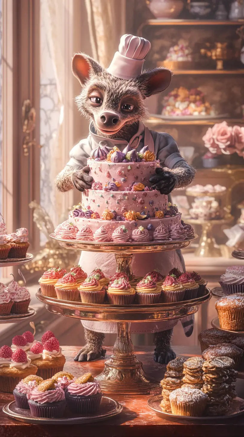 Anthropomorphic hyena chef with towering chocolate cake