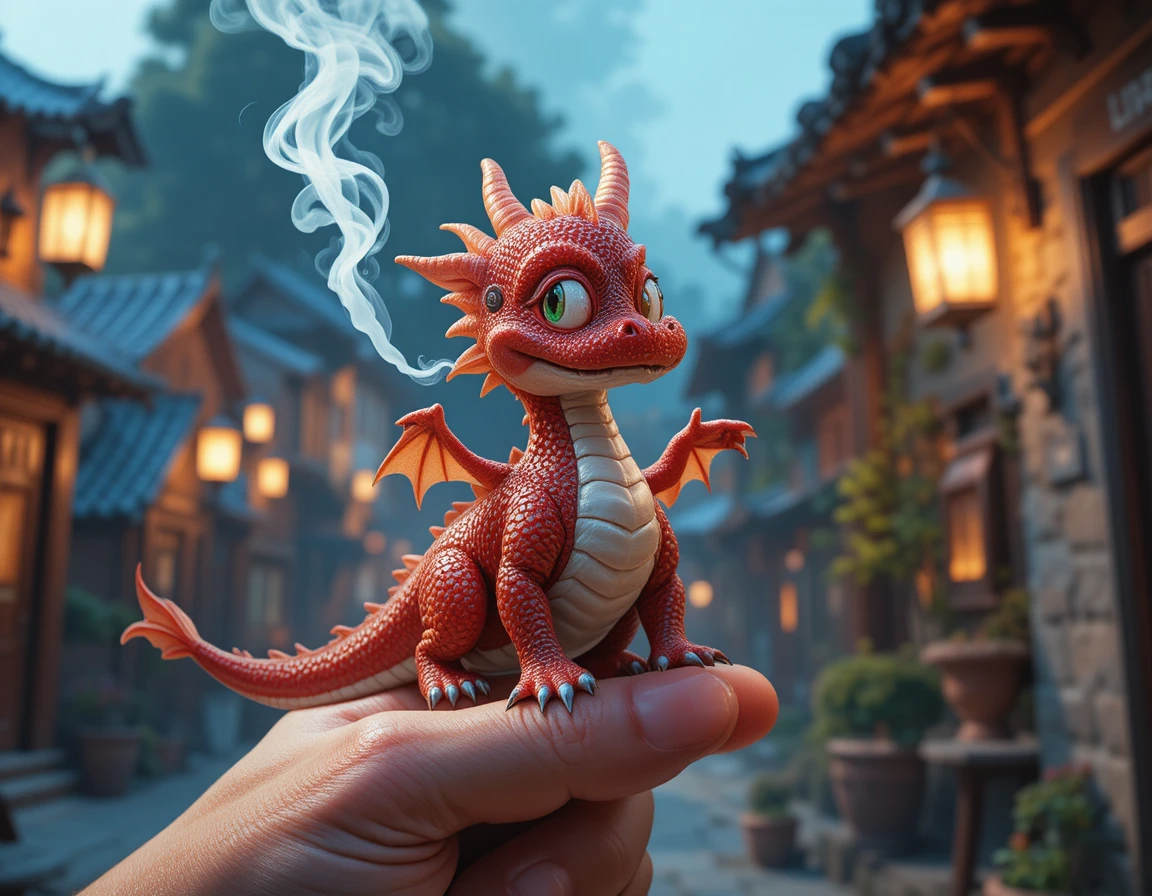 Winziger rot-weißer Drache auf einem Menschenfinger