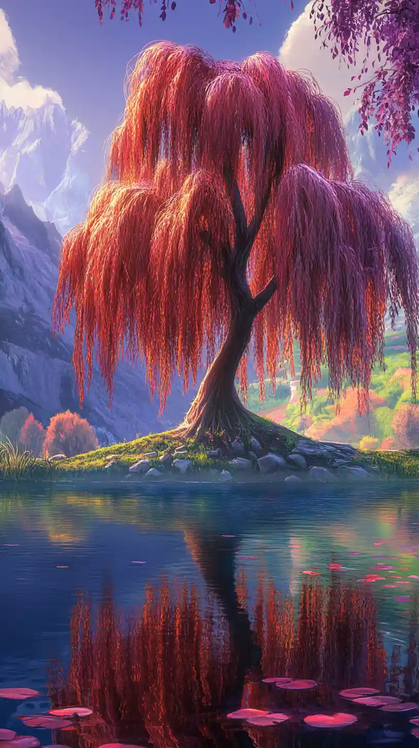 Red willow tree reflected in a tranquil fantasy pond