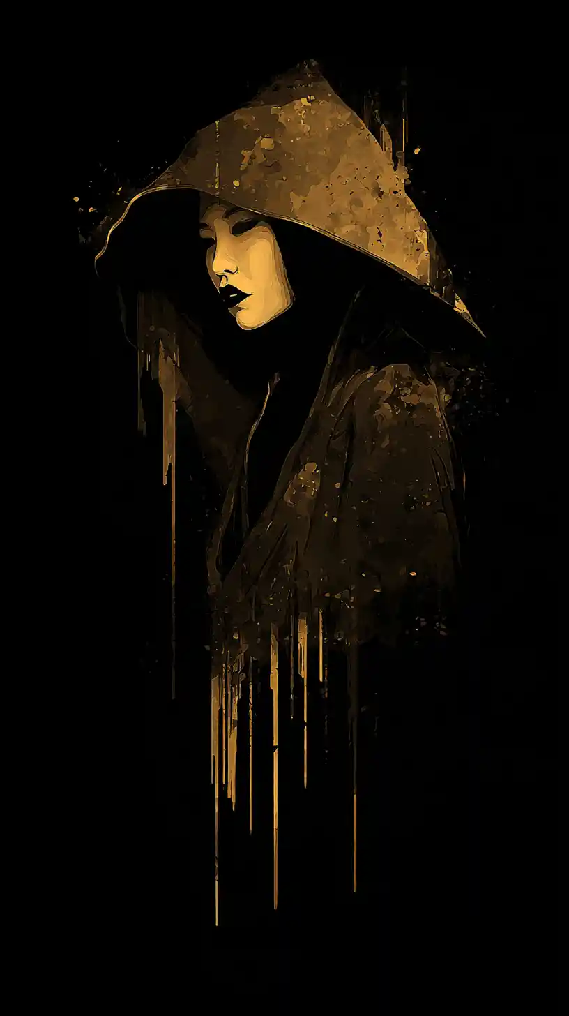 Haunting cloaked geisha figure in misty urban rain scene