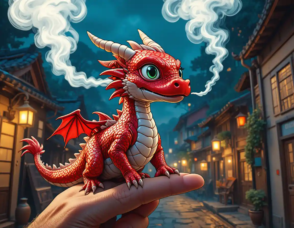 Winziger rot-weißer Drache auf einem menschlichen Finger