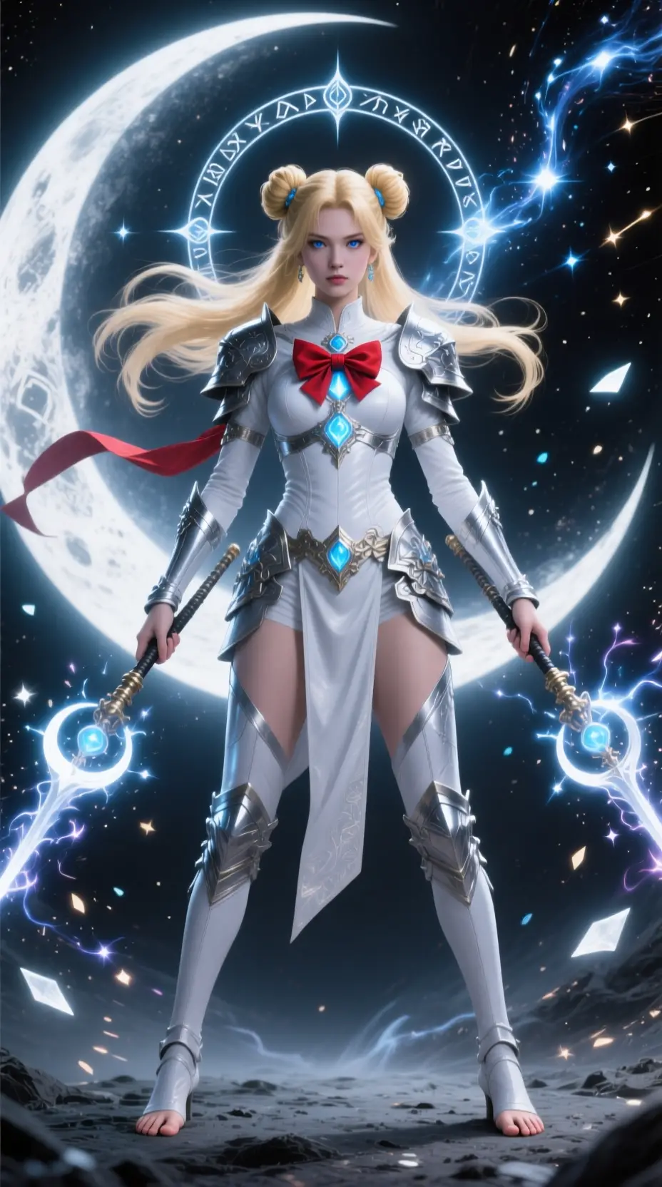 Lunar battle goddess with glowing moon staff in armor