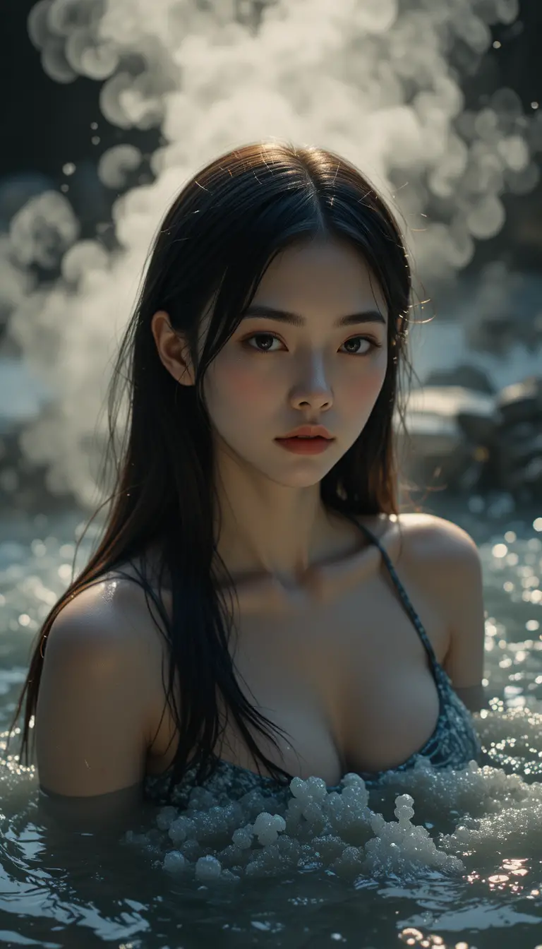 High angle portrait of girl in steamy outdoor hot spring