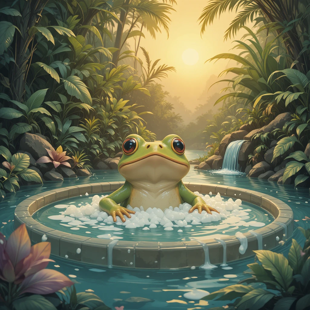 Relaxed frog bathing in a jungle pool at sunset