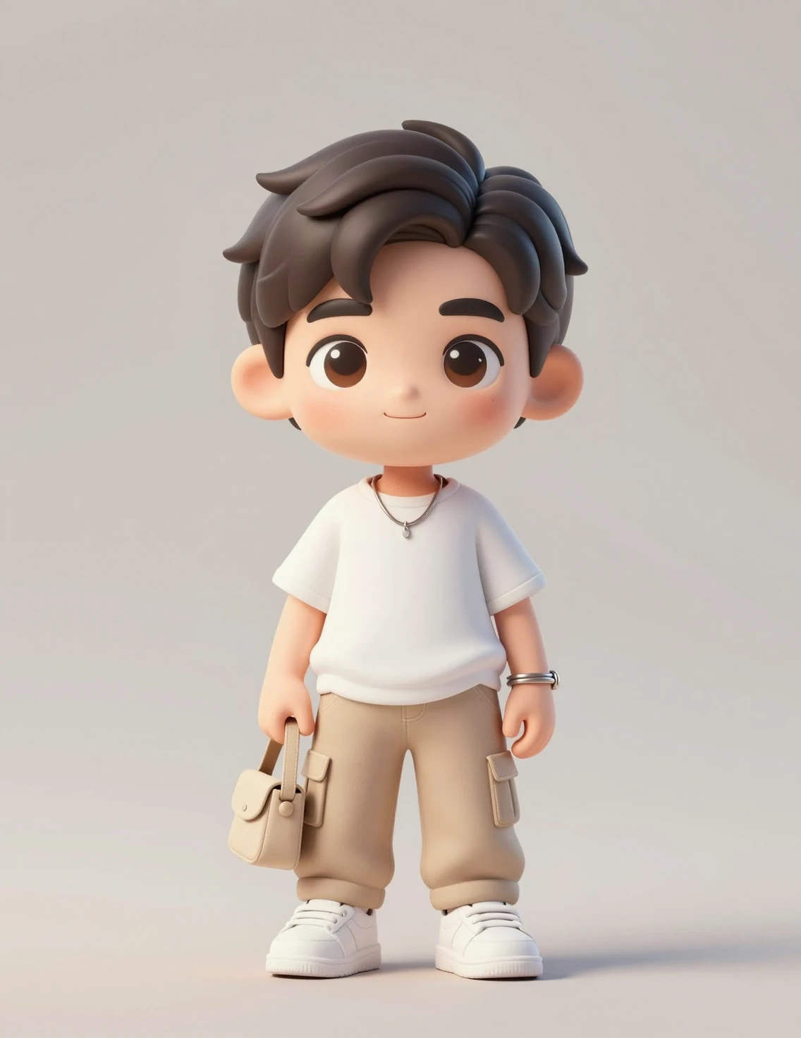 ミニマルな3Dちびキャラのベージュ系カジュアルストリートウェア男性