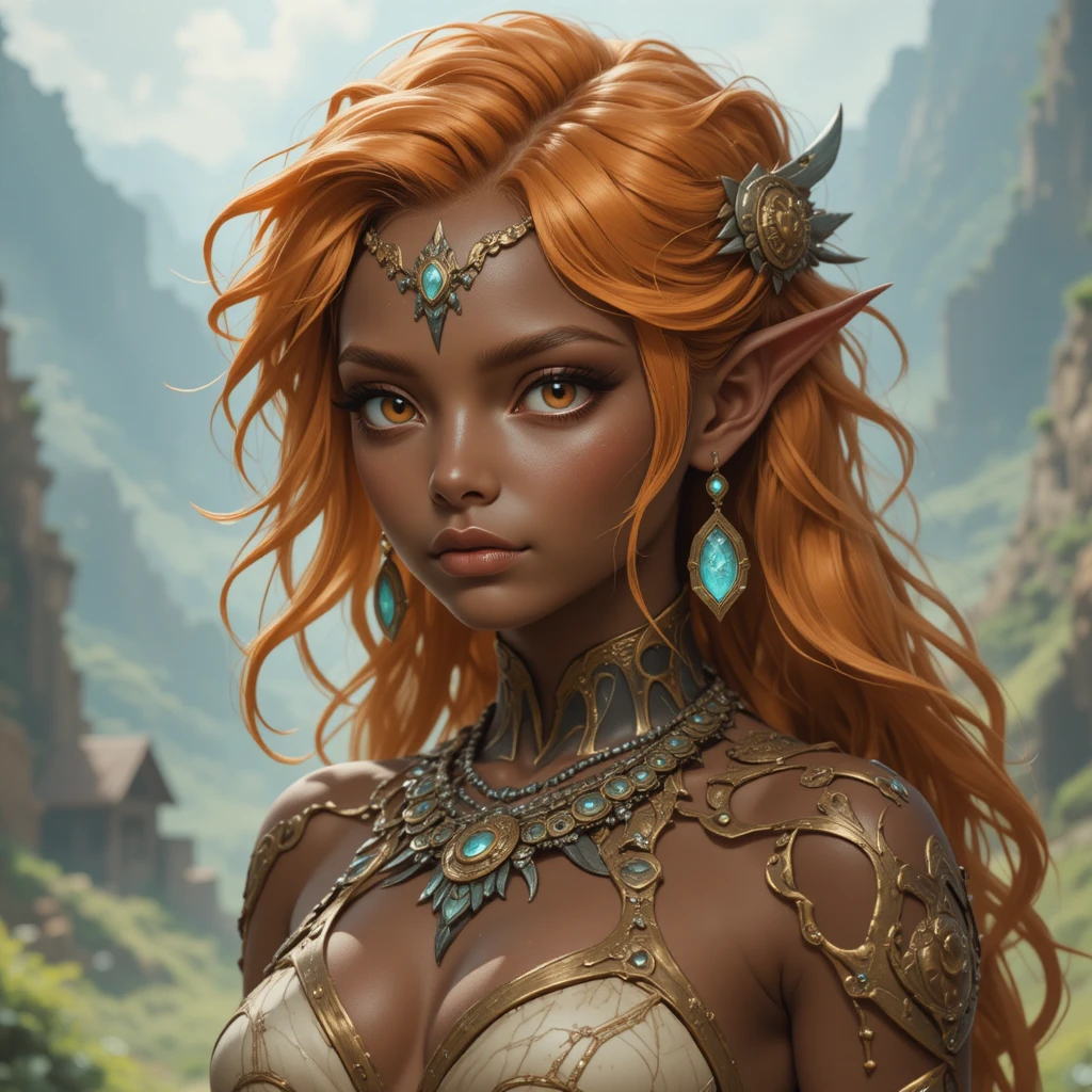 Young earth goddess with dark skin and bright orange features