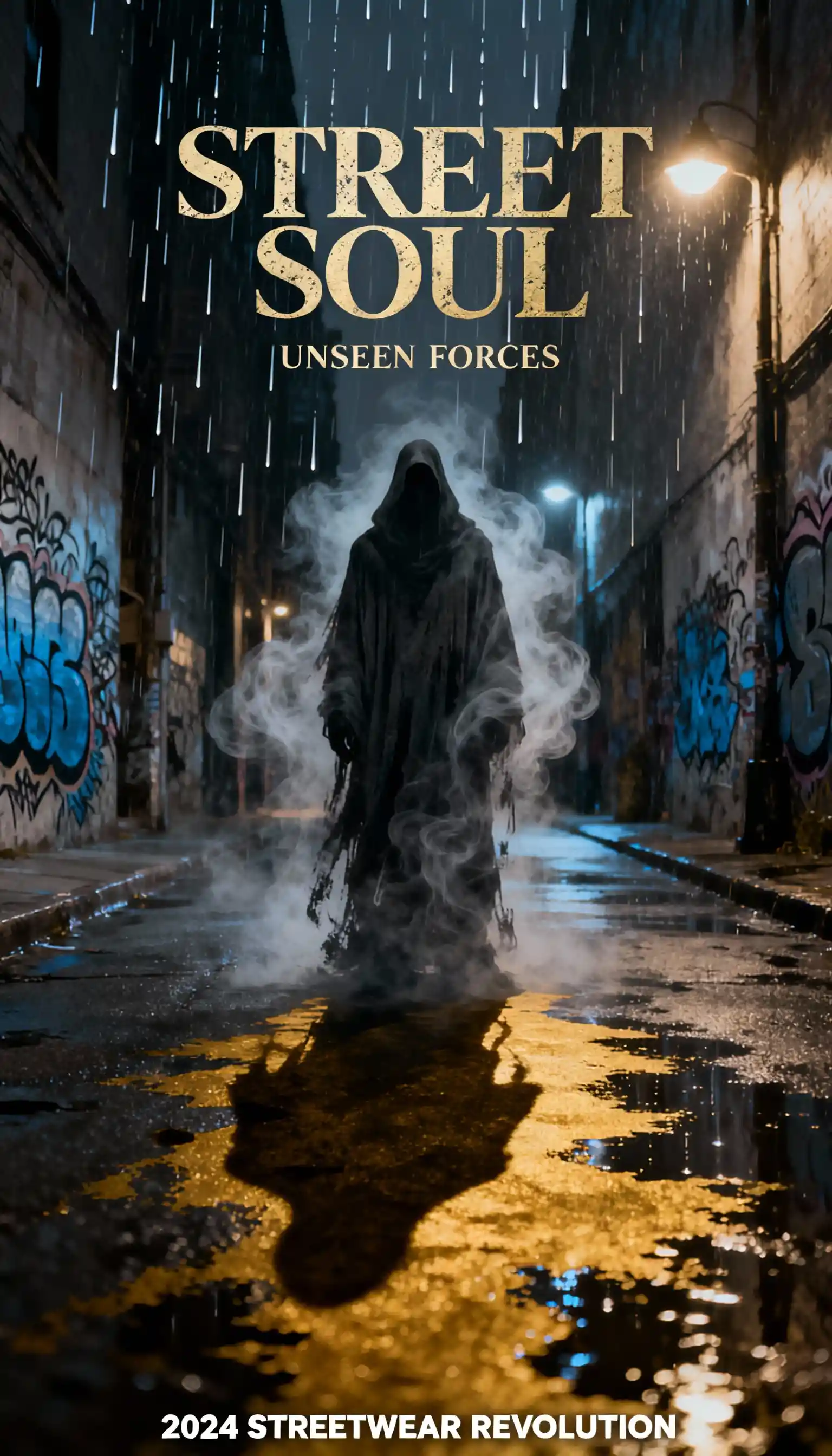 Mysterious cloaked figure of mist on a rainy city street