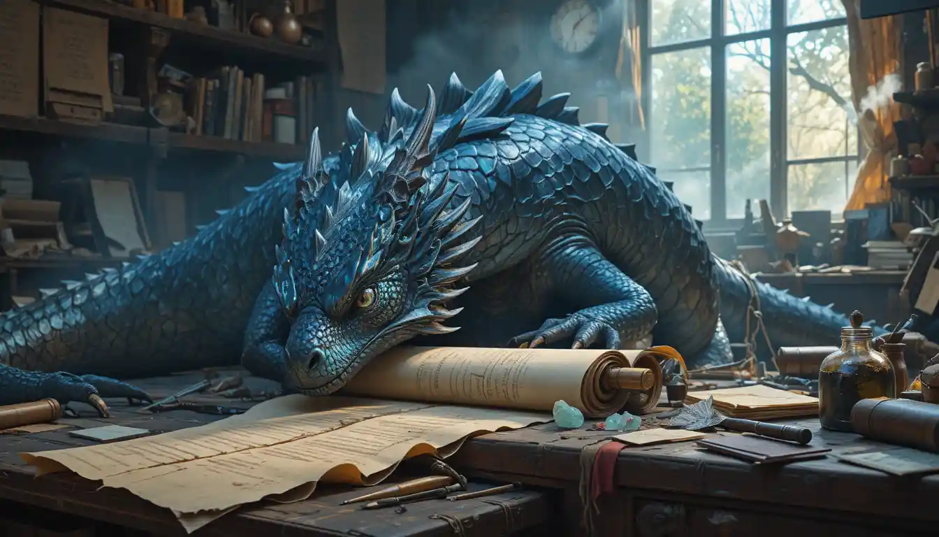 Dragon majestueux se reposant dans un atelier magique