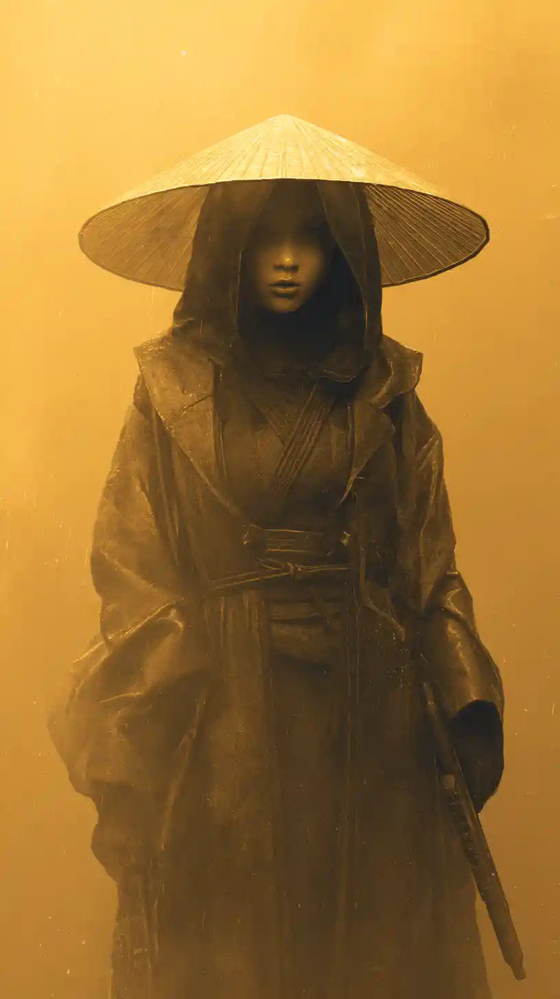 Mysterious cloaked geisha formed from golden urban mist