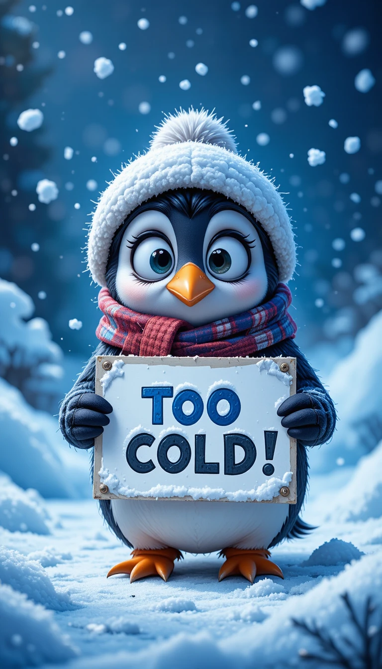 Cartoon penguin shivering in the snow with a warning sign